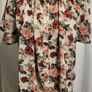 Charlotte Russe Floral Button-Up Blouse - Red and Green